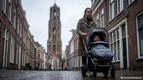 Een foto van een vrouw die met de wagen met haar kind de straat over loopt.