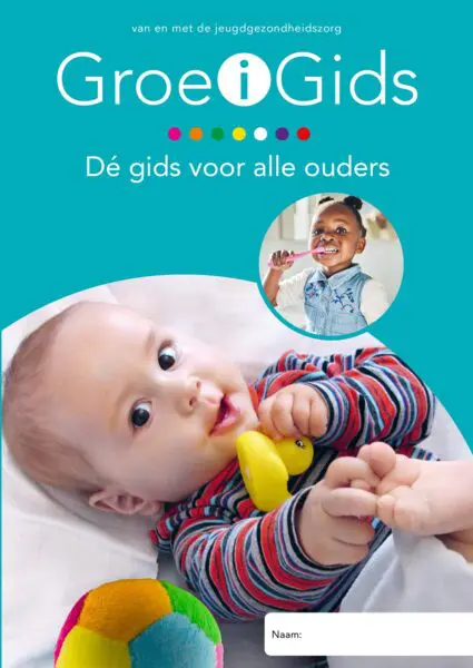De omslag van de gids waarop een baby te zien is, met de tekst 'De gids voor alle ouders'.