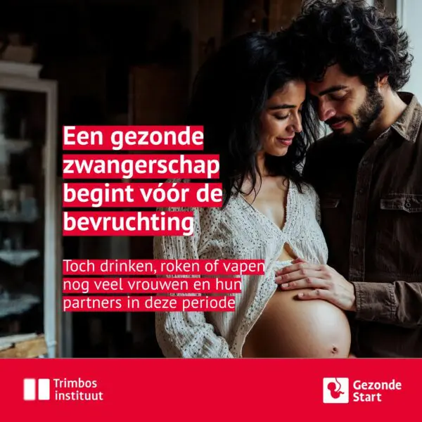 Een foto van een koppel, de vrouw is zwanger, en de tekst 'Een gezonde zwangerschap begint vóór de bevruchting.'